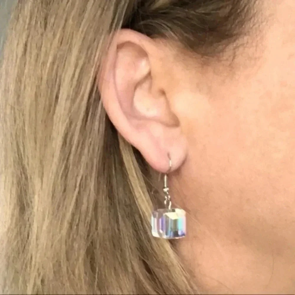 Aurora Borealis Pink Crystal Cube Drop Earrings NWT